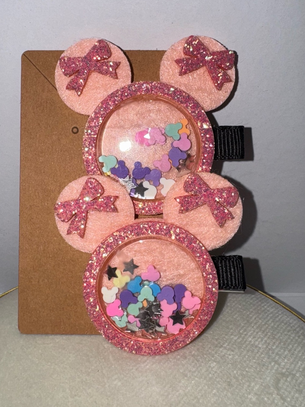 Kids Pink Glitter Mouse Ear Hair Clips - Sparkle Bow Shaker Set